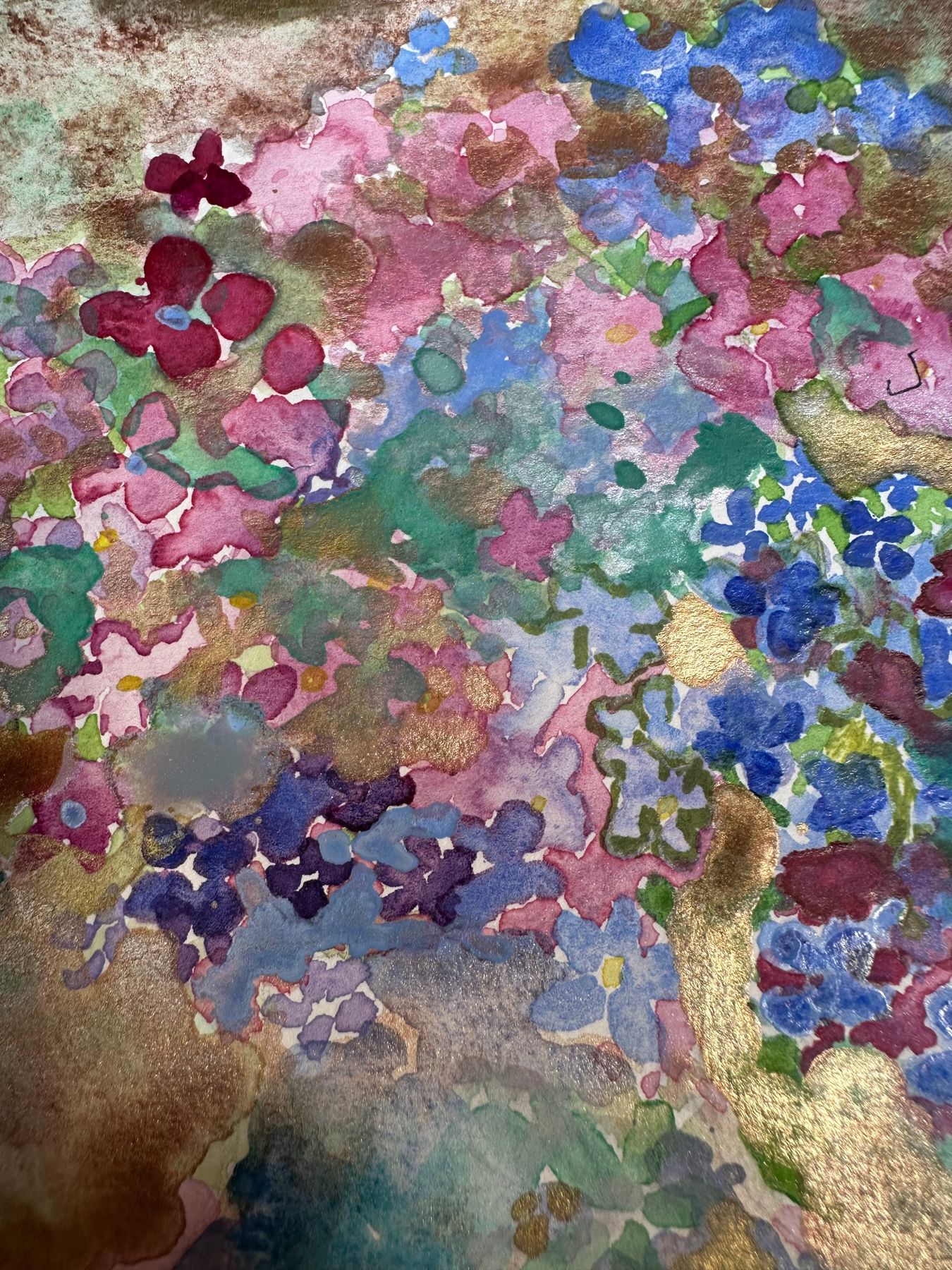 Watercolour of pink, blue and violet flowers with gold